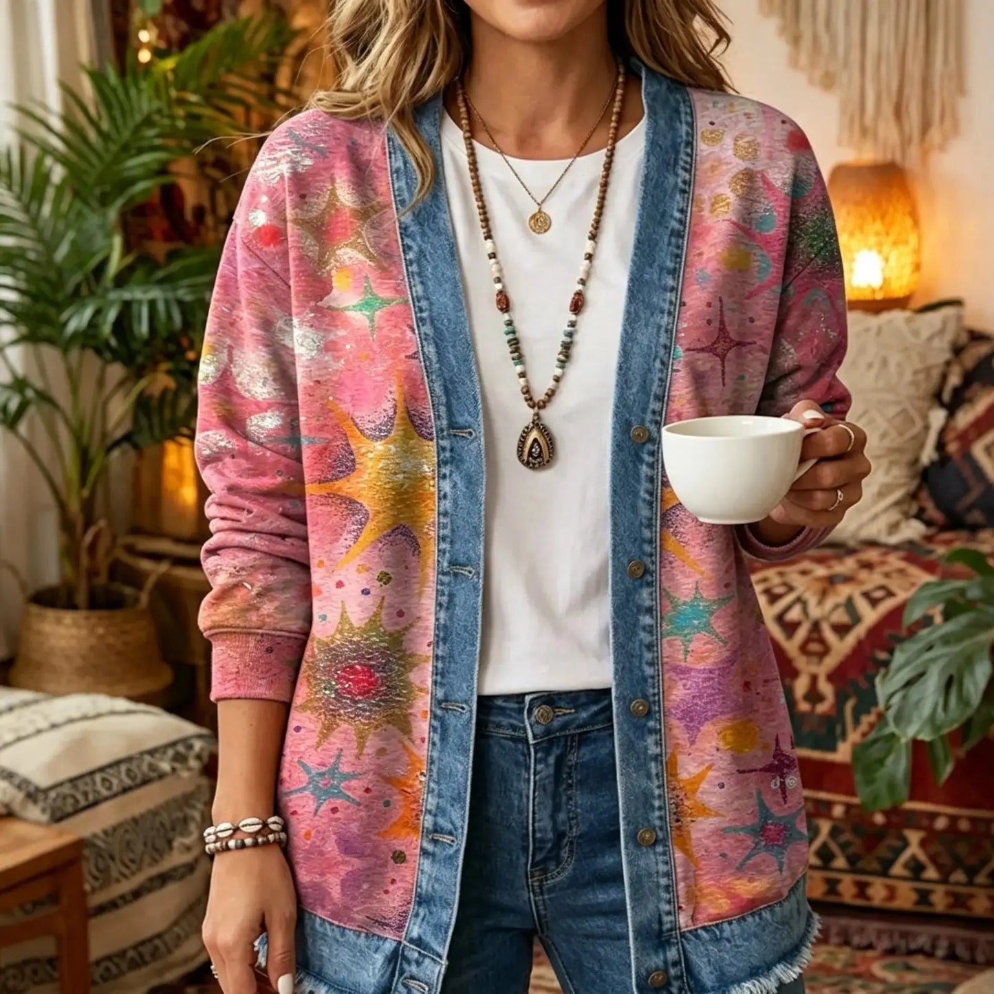 Pink Cosmic Star Print Boho 3D Digital Printing Denim Shirt