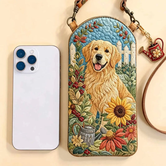 Cottagecore Golden Retriever Floral Quilted Slim Phone Crossbody Bag