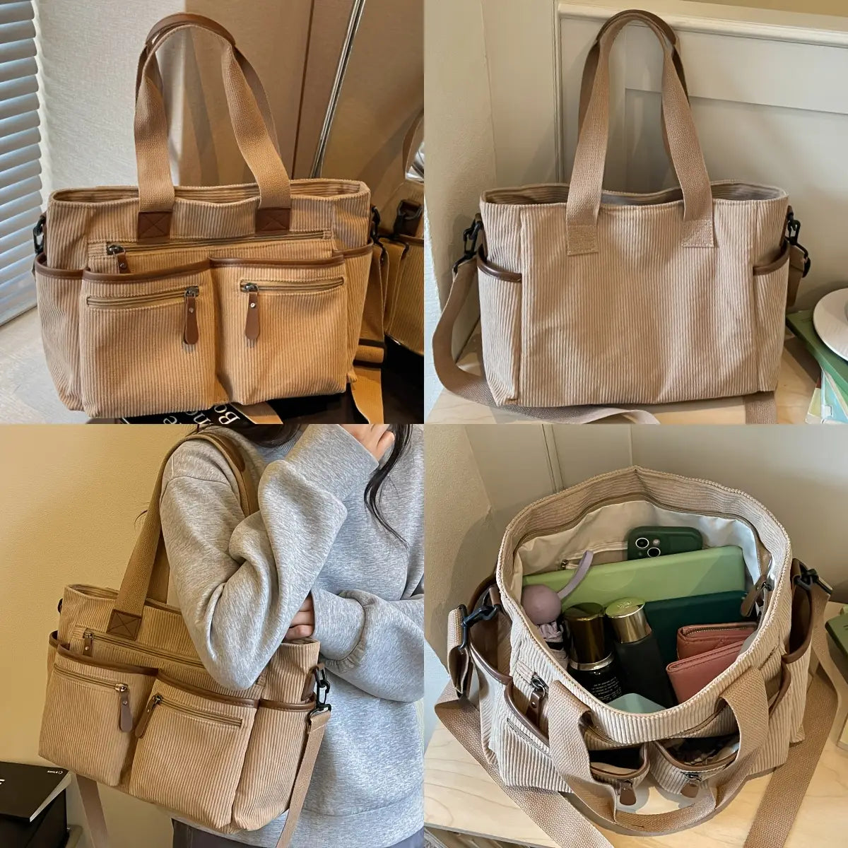 Corduroy Multi-Pocket Convertible Tote Bag