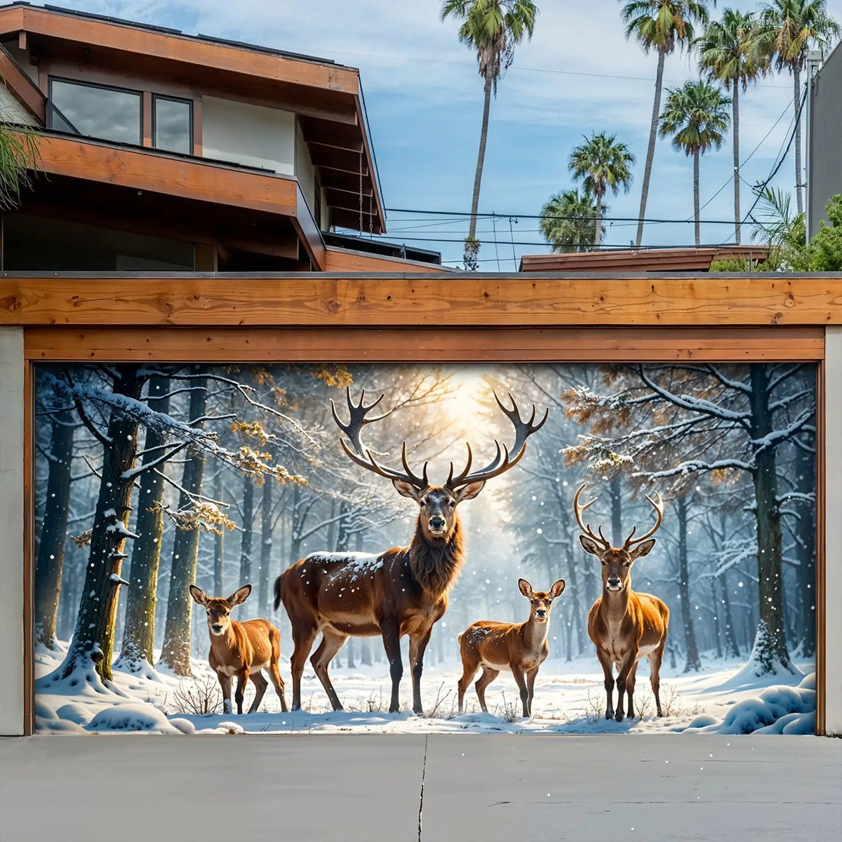 Majestic Reindeer Family In Winter Wonderland Garage Door Banner Decoration
