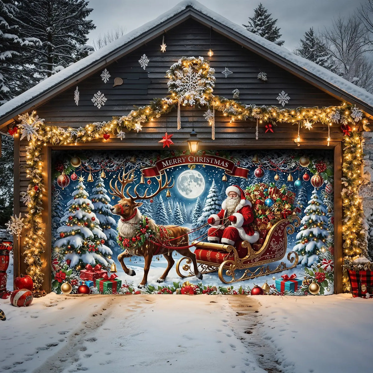 Santa’s Sleigh Ride Spreading Cheer Garage Door Banner Decoration