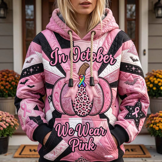 In October We Wear Pink Leopard Pumpkin Quilted Casual Hoodie