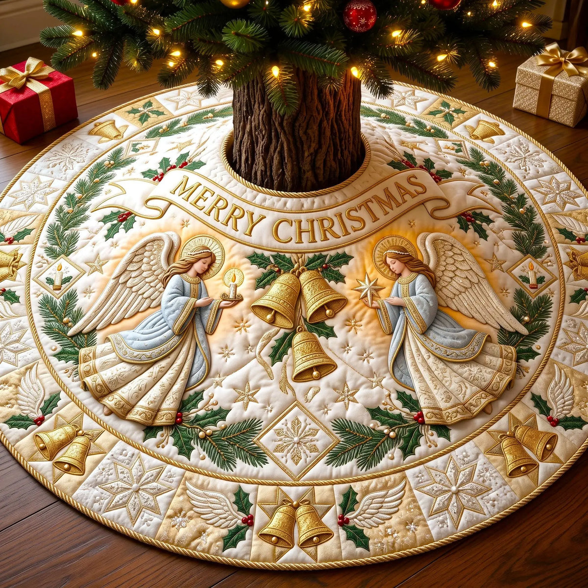 Merry Christmas Angel Quilted Tree Skirt