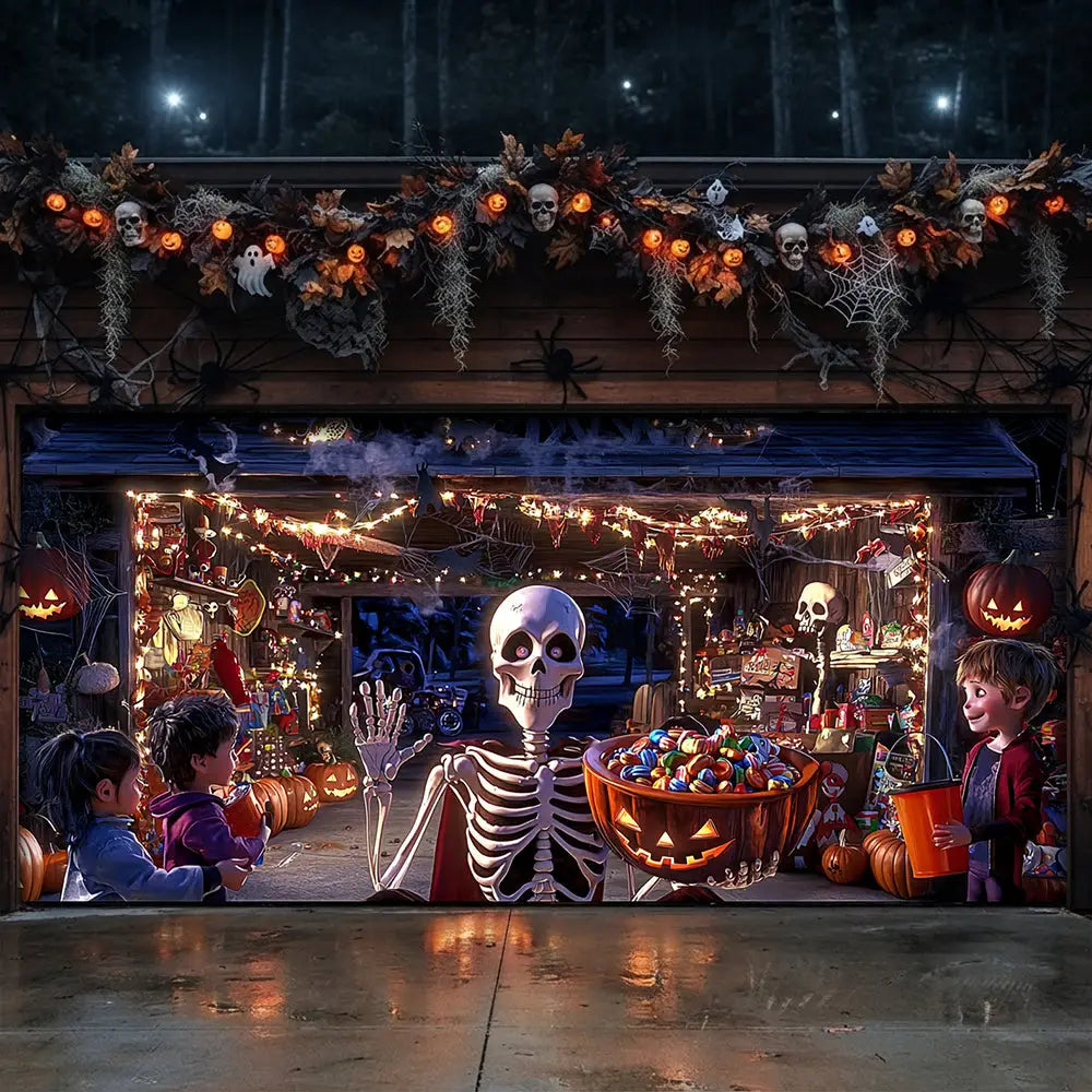 Skeleton’s Trick-or-Treat Party Garage Door Banner Decoration