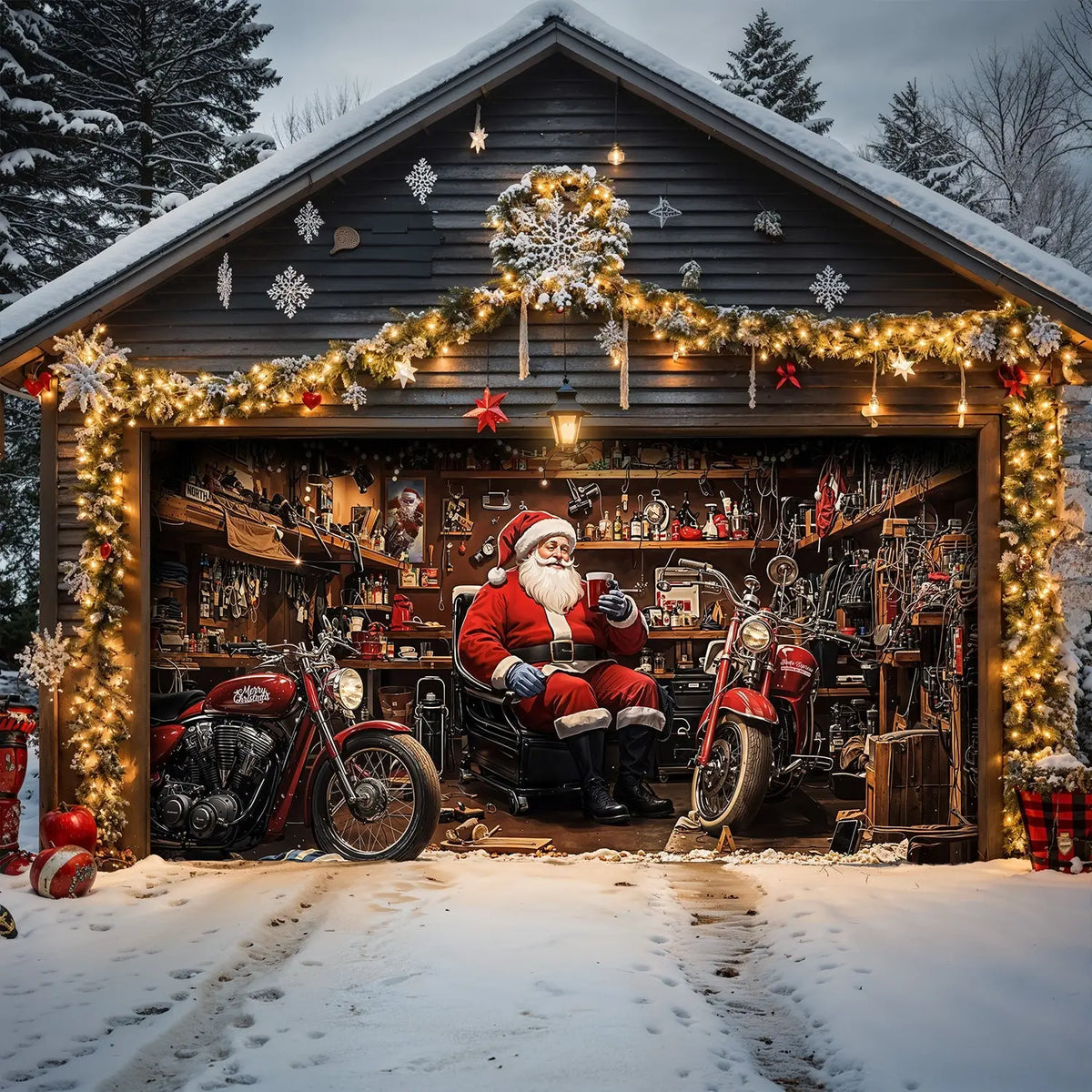 Santa’s Workshop Motors Garage Door Banner Decoration
