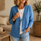 Collarless Soft-Denim-Look Button-Down Cardigan