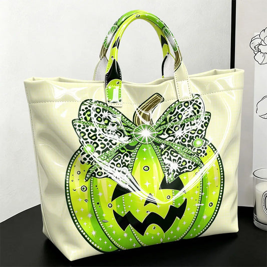 Halloween Green Pumpkin Print PVC Tote Bag