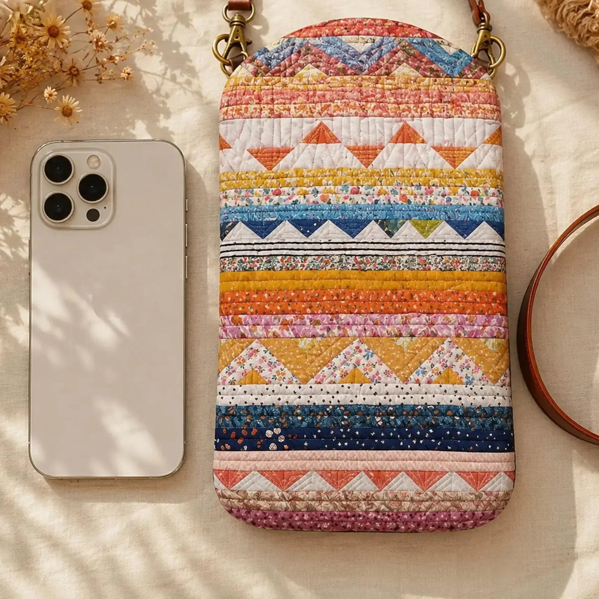 Floral & Tribal Patterned Quilted Slim Phone Crossbody Bag