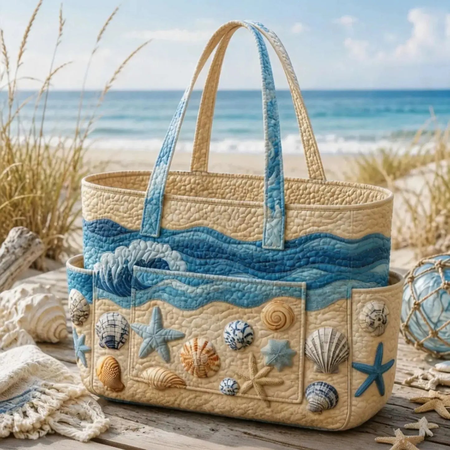 Sea Ocean Multiple Pockets Quilted Tote Bag