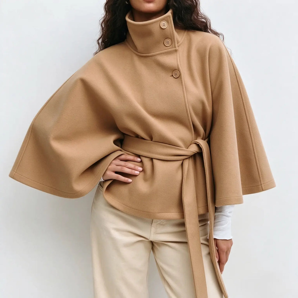 Women's Mandarin Collar Coat with Slanted Button Row