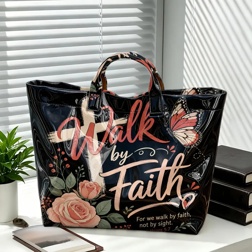 Black Base Rose Butterfly Print PVC Tote Bag