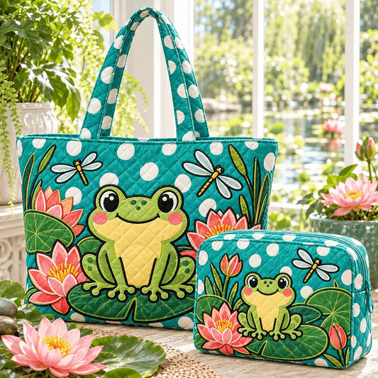 2pcs Cottagecore Frog Quilted Tote Bag Set