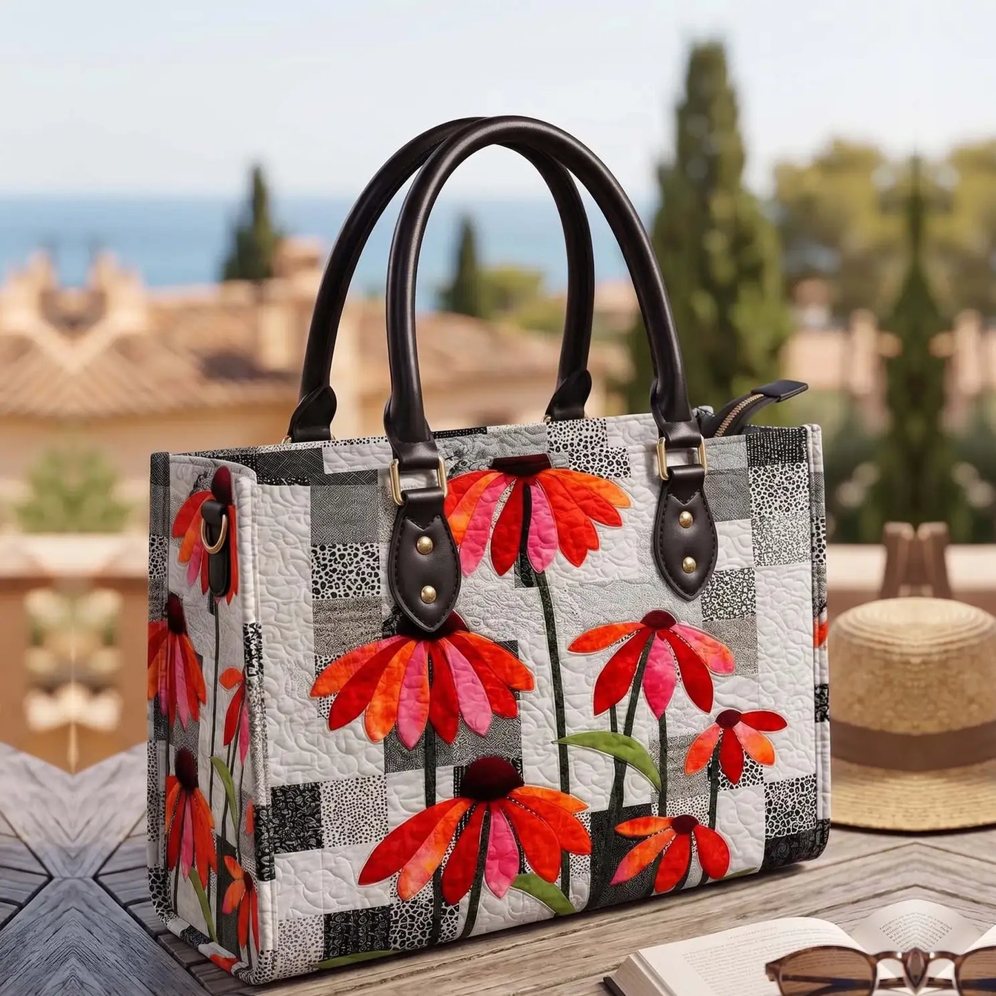 Contrast Garden Flower Quilted Leather Strap Bible Handbag