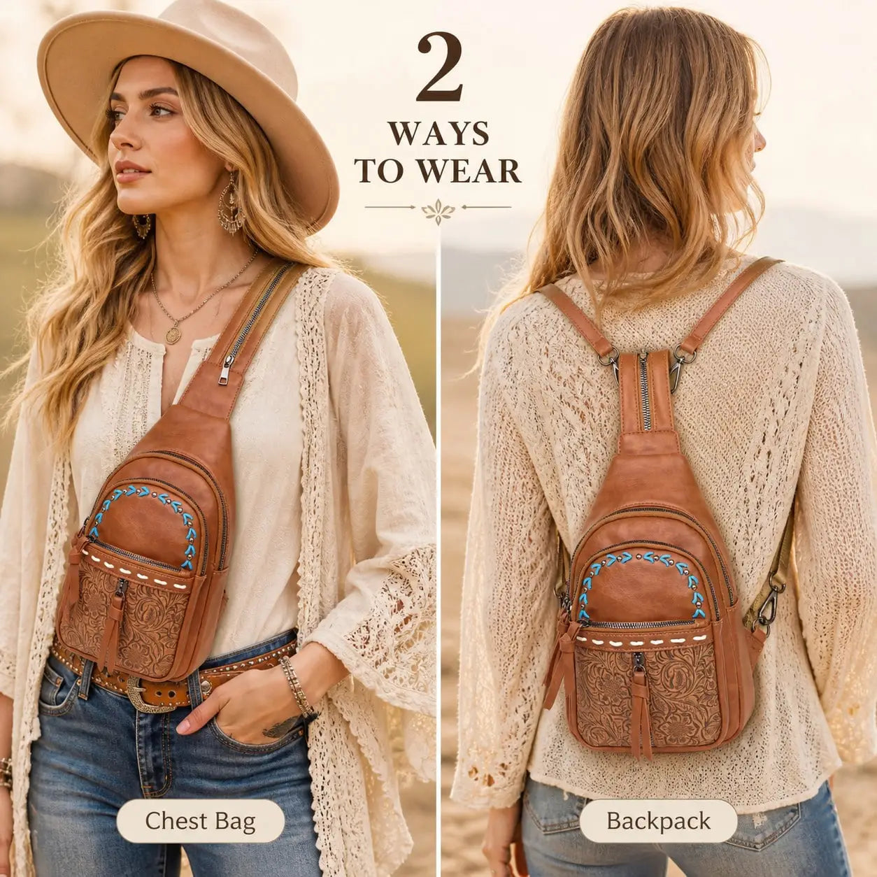 2-Way Wear Sling Boho Western Print Convertible Backpack