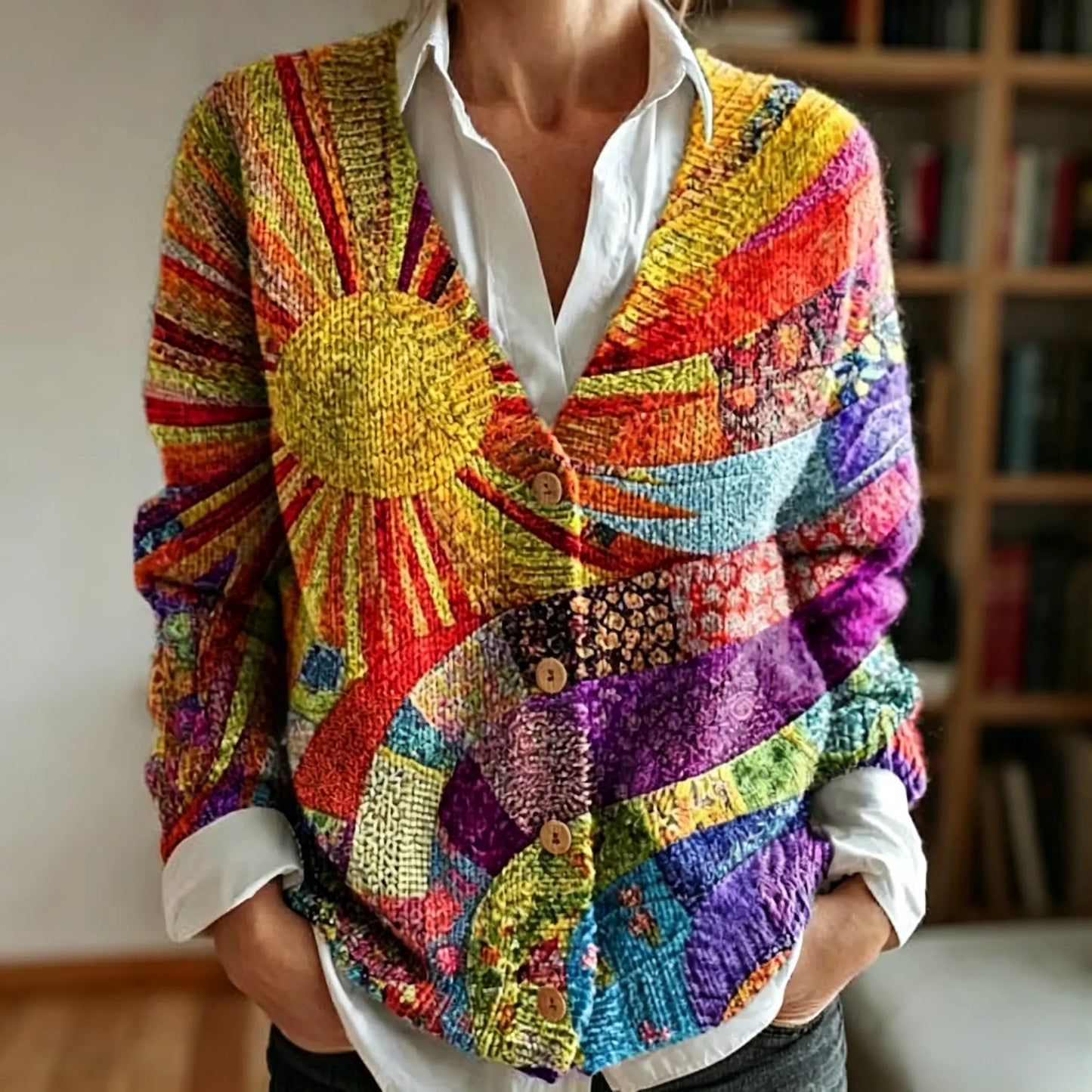 Women's Vintage Floral Art Pattern Print Buttoned Cardigan Sweater