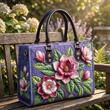 Purple Magnolia Floral Quilted Leather Strap Bible Handbag