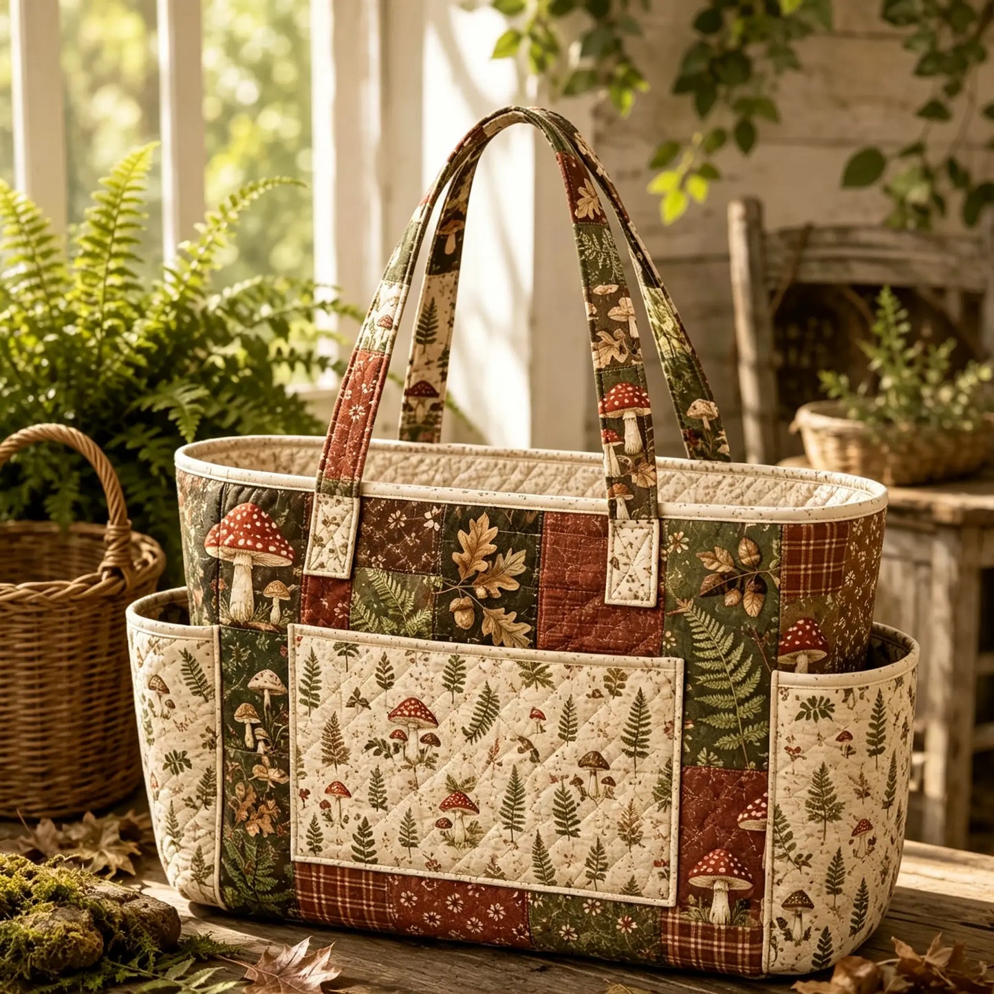 Mushroom Forest Multiple Pockets Quilted Tote Bag