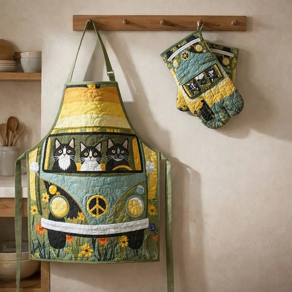 Three Cats Vintage Bus Quilted Apron Set (2-Piece) – Padded Apron + Heat-Resistant Oven Mitts