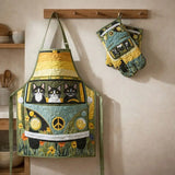 Three Cats Vintage Bus Quilted Apron Set (2-Piece) – Padded Apron + Heat-Resistant Oven Mitts