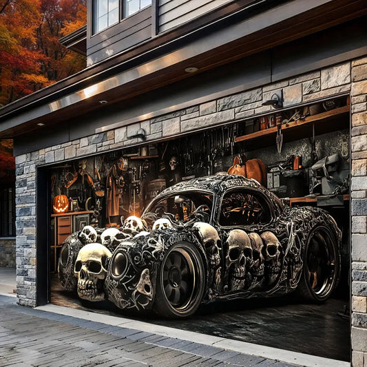Skull Car Halloween Garage Door Banner Decoration