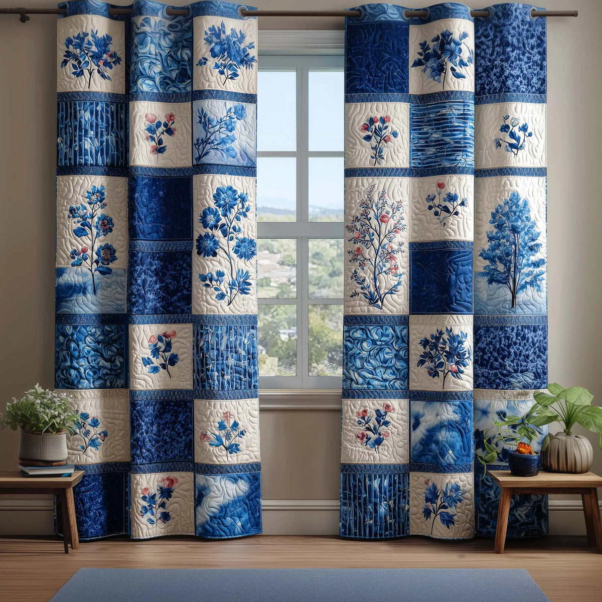 Blue Porcelain Floral Quilted Curtains