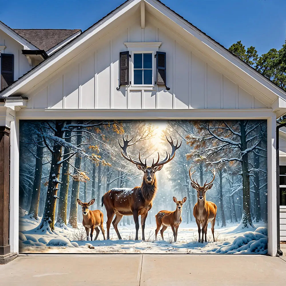 Majestic Reindeer Family In Winter Wonderland Garage Door Banner Decoration