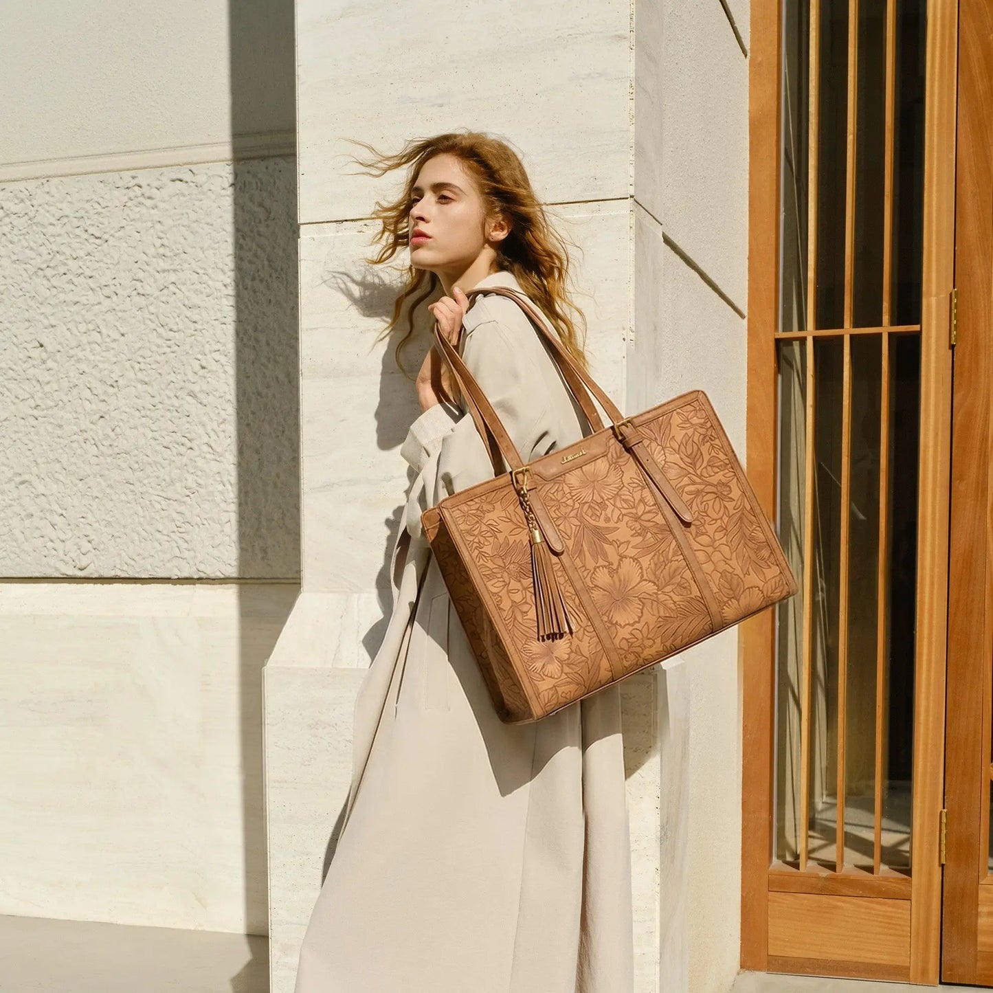 Vintage Embossed Leather Laptop Tote Set