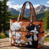 Cute Sleeping Kittens Multiple Pockets Quilted Tote Bag