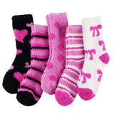 Pink Black Heart Bow Dot Fall Cozy Fluffy Slipper Socks 5 Pairs