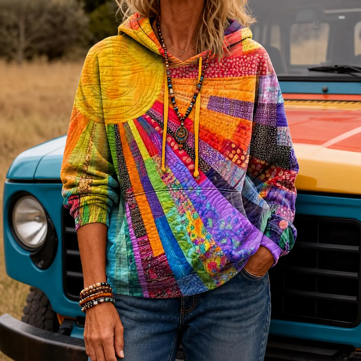 Rainbow Sunrise Quilted Casual Regular Fit Long Sleeve Hoodie Sweatshirt