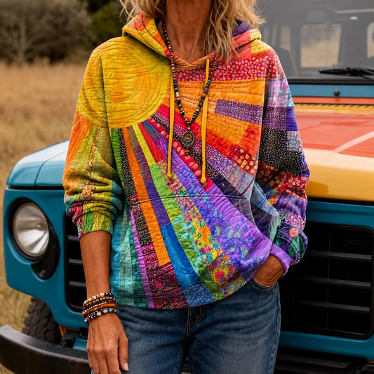 Rainbow Sunrise Quilted Casual Regular Fit Long Sleeve Hoodie Sweatshirt