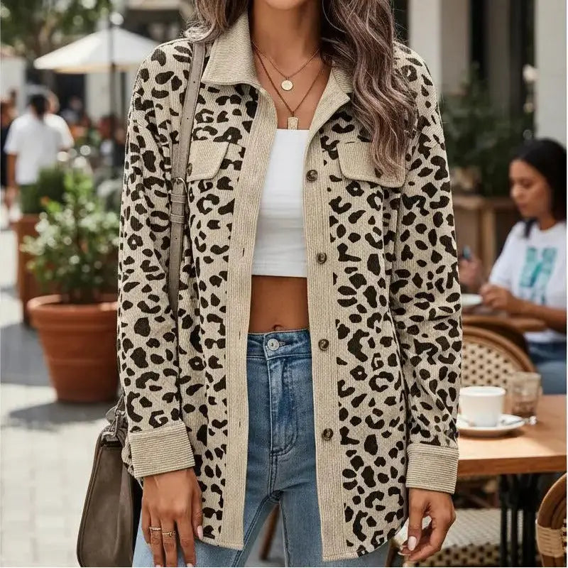 Contrast Rib Collar Leopard Print Corduroy Long Sleeve Shirt Jacket