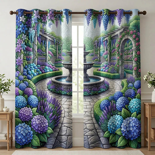 Blue Flower Garden Quilted Curtains