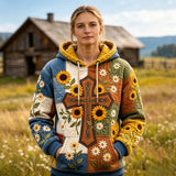 Sunflower Cross Quilted Casual Regular Fit Long Sleeve Hoodie Sweatshirt