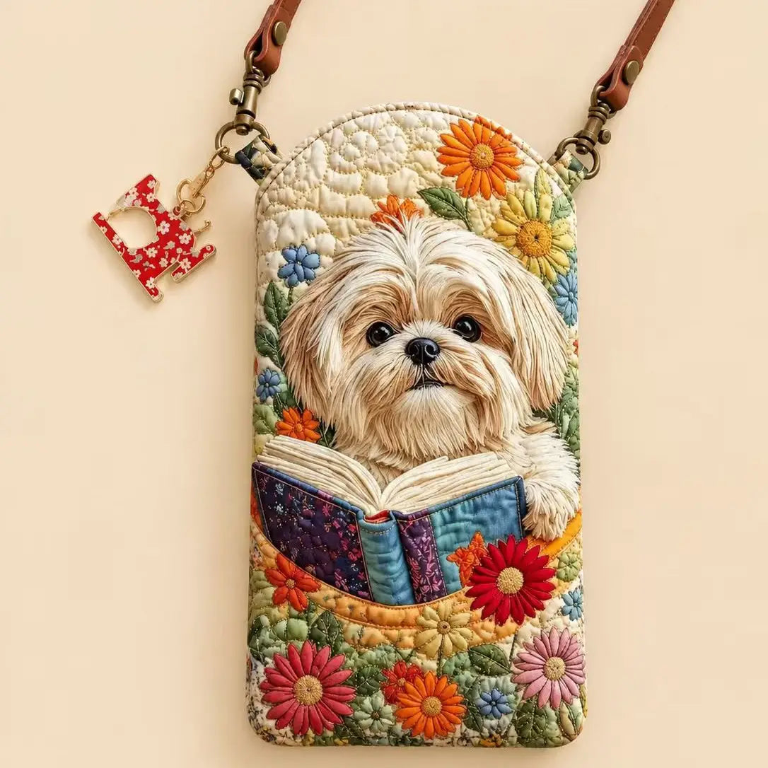 Shih Tzu Dog Reading Book Quilted Slim Phone Crossbody Bag