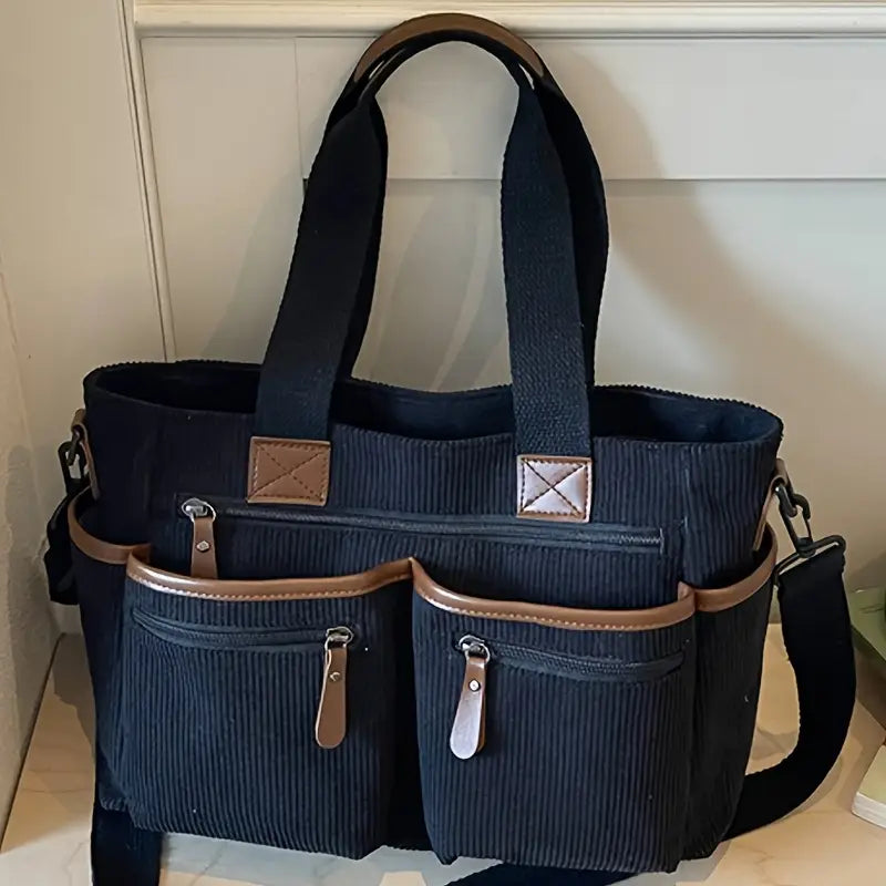 Corduroy Multi-Pocket Convertible Tote Bag