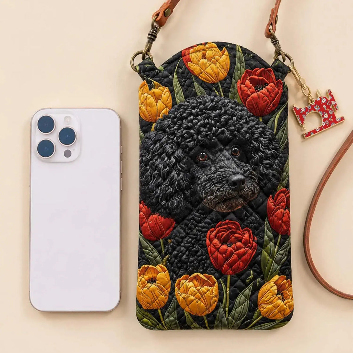 Black Poodle Dog Quilted Slim Phone Crossbody Bag