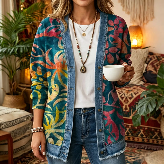 Teal Batik Floral Print 3D Digital Printing Denim Shirt