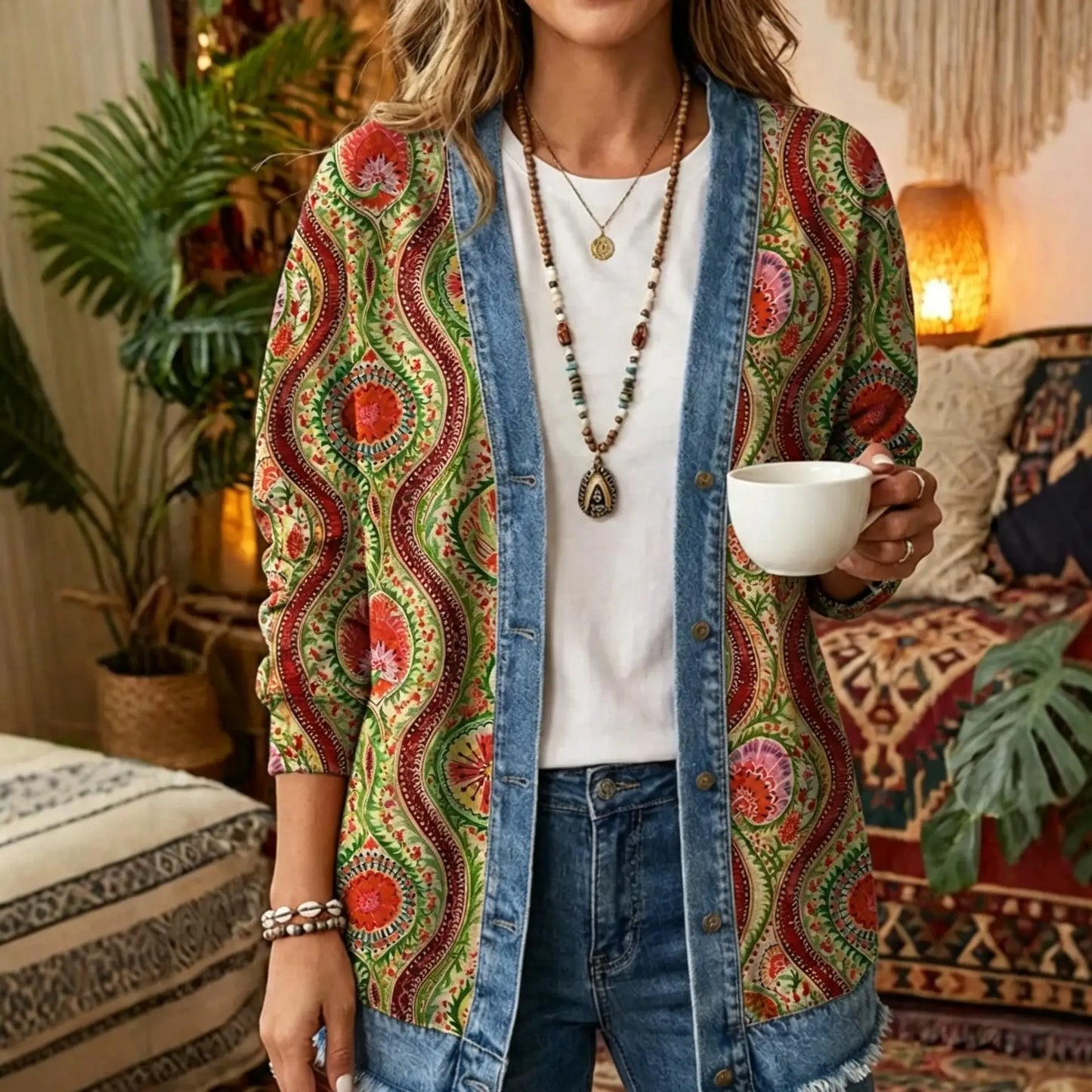Bohemian Mandala Paisley Floral 3D Digital Printing Denim Shirt