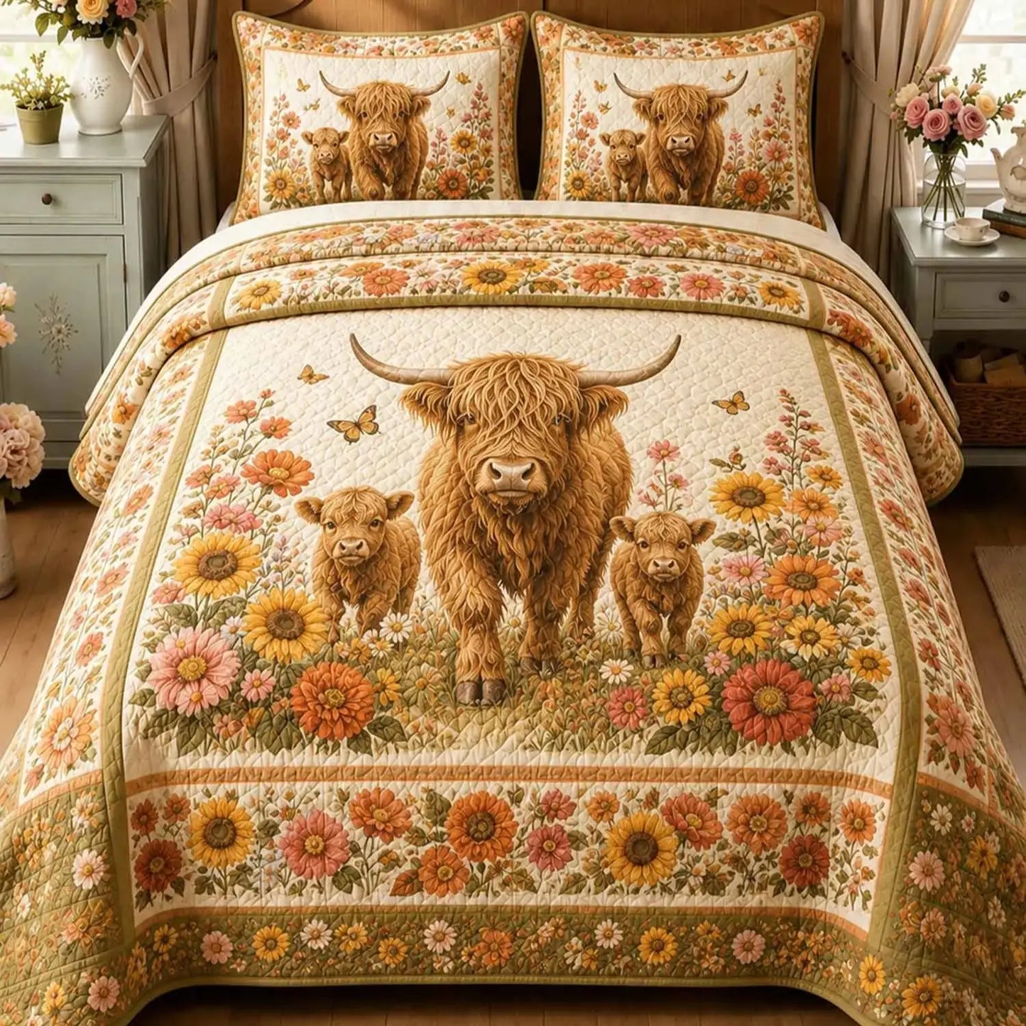 Garden Highland Cow Gathering Quilted Bedding Set