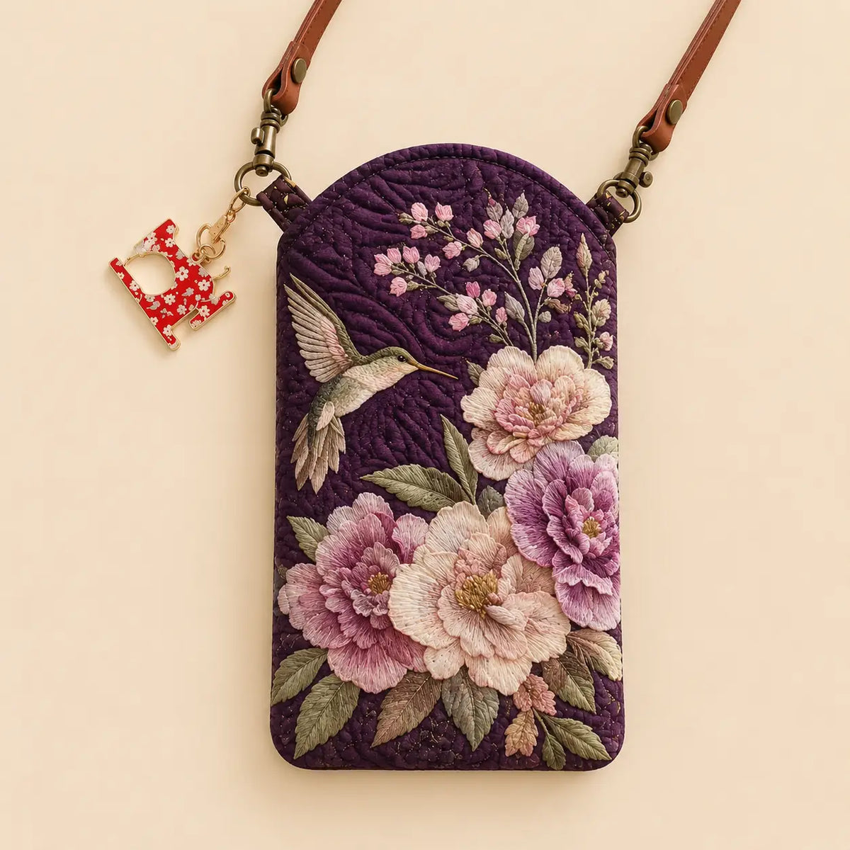 Hummingbird Purple Peony Floral Quilted Slim Phone Crossbody Bag