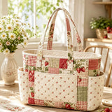 Strawberry Floral Multiple Pockets Quilted Tote Bag