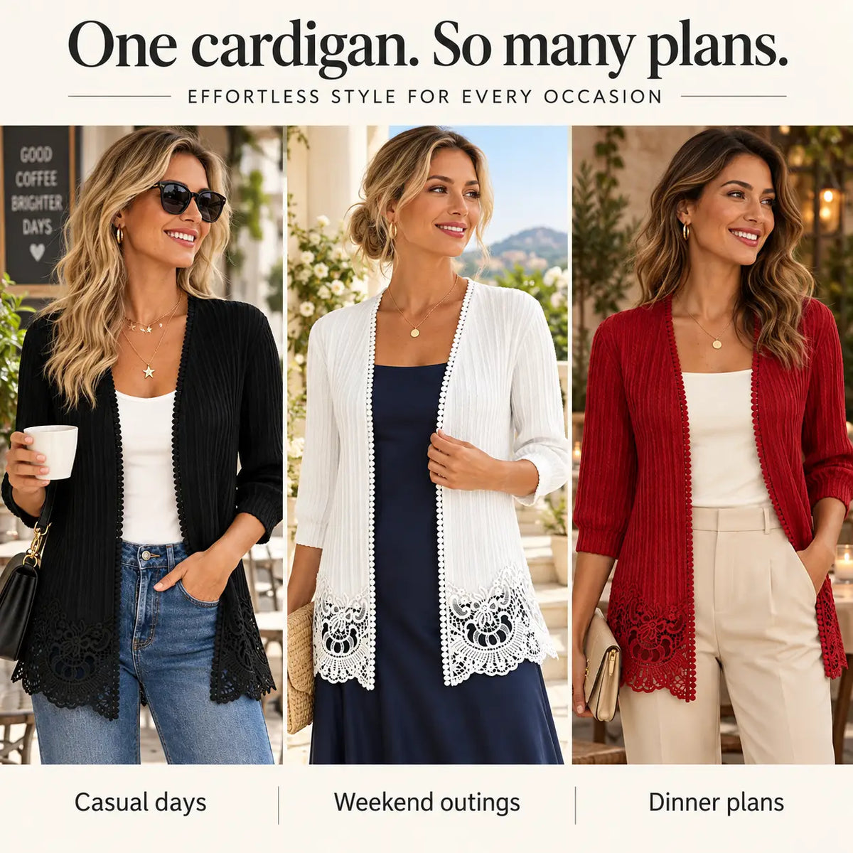 Women's Crochet Lace Trim Open-Front Cardigan
