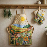 Sun & Wildflower Quilted Apron Set (2-Piece) – Padded Apron + Heat-Resistant Oven Mitts