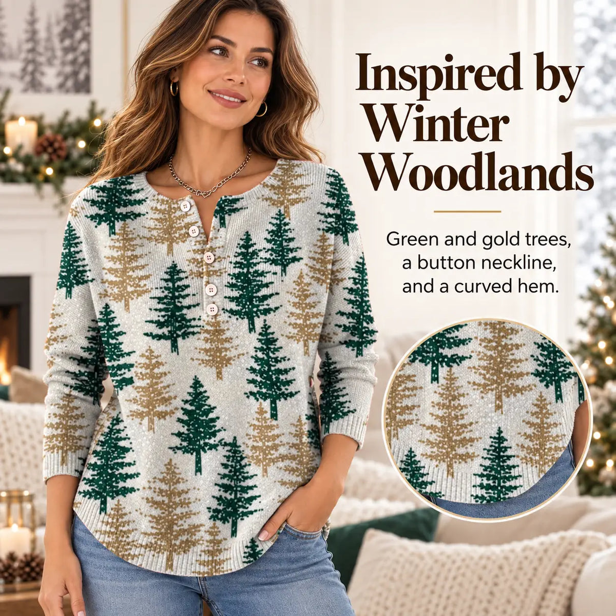 Christmas Retro 3D Digital Print Polo Sweatshirt With Buttons