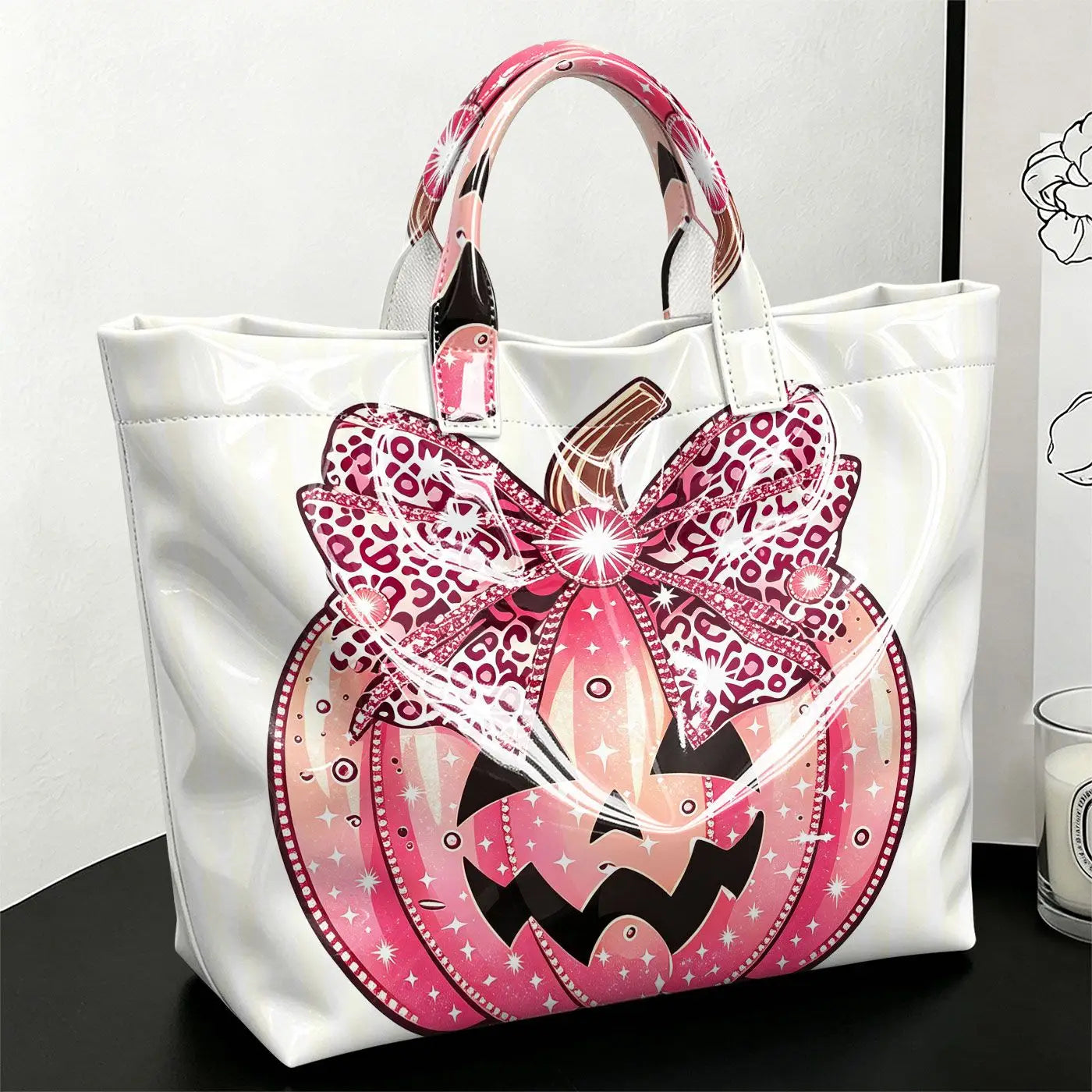 Halloween Pink Pumpkin Print PVC Tote Bag