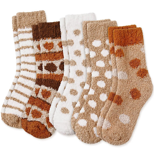 Neutral Brown Polka Fall Cozy Fluffy Slipper Socks 5 Pairs