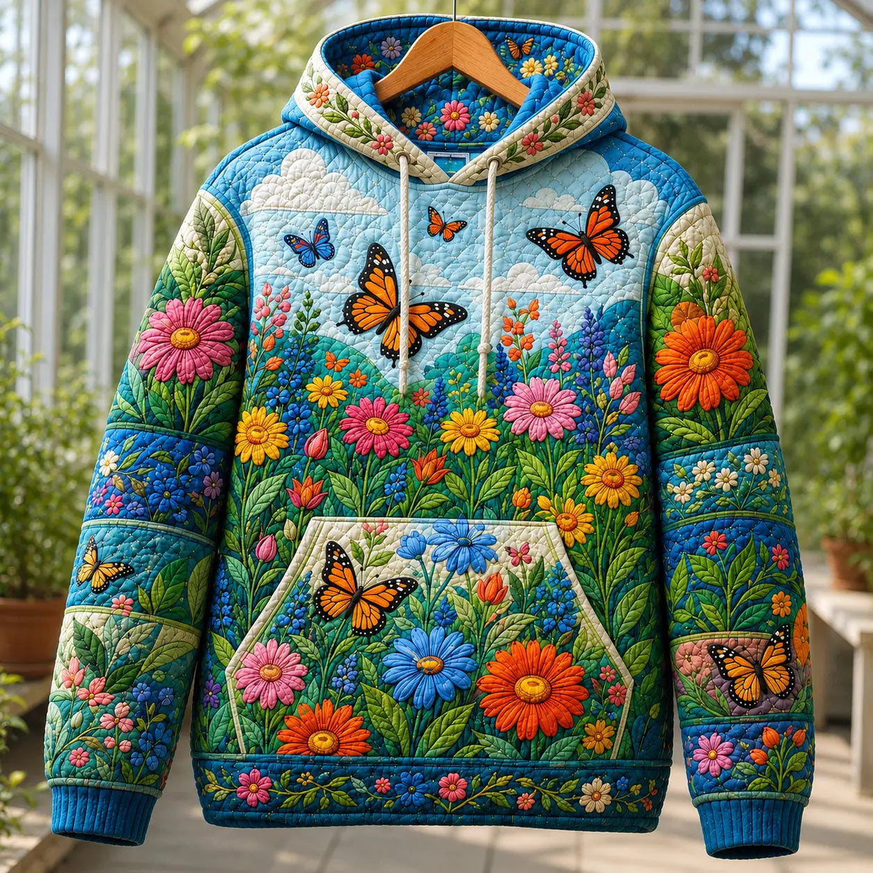 Butterfly Flower Garden Quilted Casual Hoodie