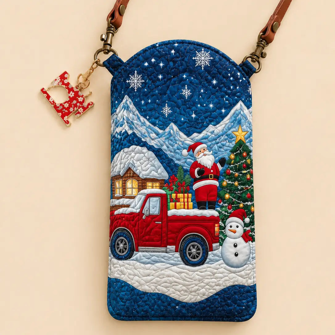 Santa Red Pickup Truck Snowman Quilted Slim Phone Crossbody Bag