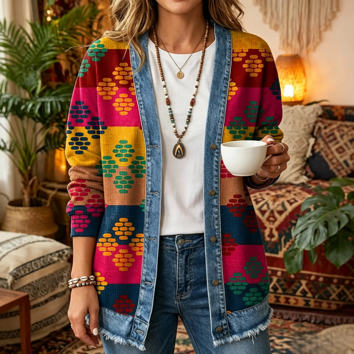 Bold Geometric Diamond Print 3D Digital Printing Denim Shirt